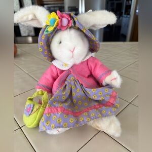 Plush White Mitsy Bunny in Pink Jacket & Purple Floral Dress by Russ Berrie